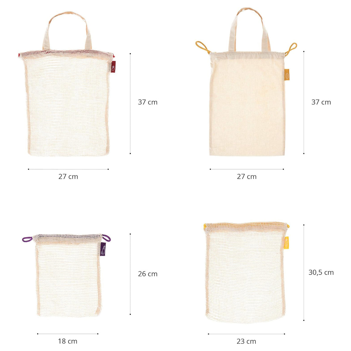 Einkaufsbeutel aus 100% Baumwolle - 4er-Set von Lumaland, nachhaltige, wiederverwendbare Baumwolltaschen in verschiedenen Größen.