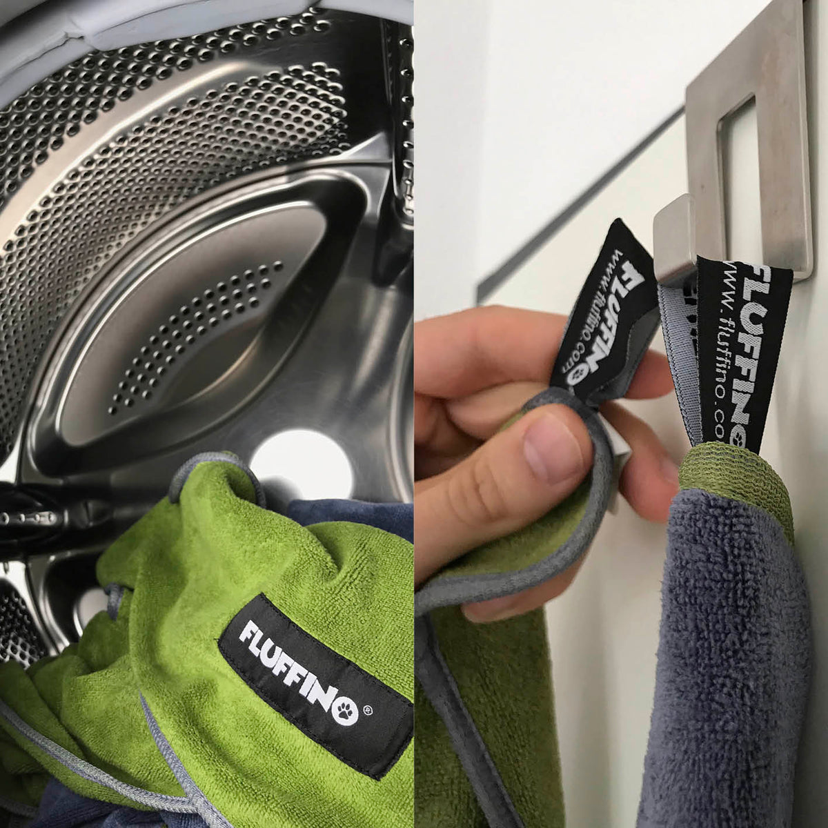Hundehandtuch Mikrofaser – 4er-Pack - Grau & Grün von FLUFFINO, saugfähig, schnell trocknend, waschbar bei 60 Grad, praktisch mit Handtaschen.