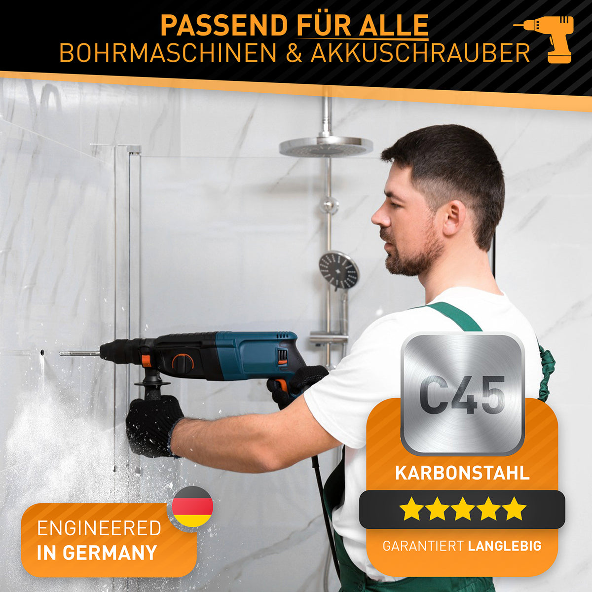 Fliesenbohrer Set 6-tlg. – inkl. Reinigungspin, präzise Diamantbohrer für Bohrmaschinen und Akkuschrauber, langlebig durch Karbonstahl C45.