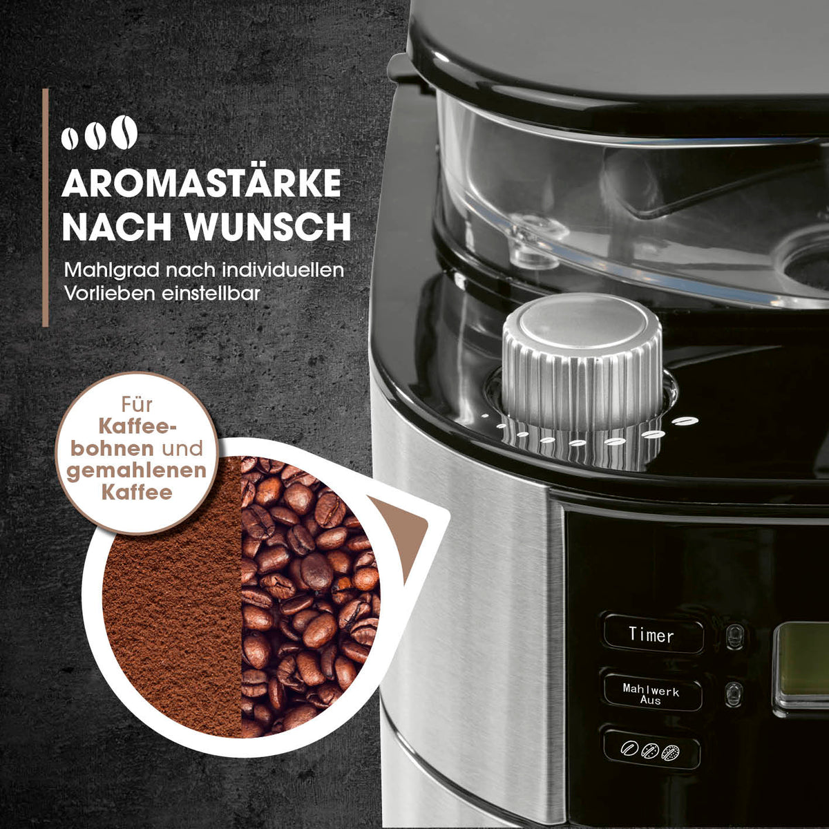 Kaffeemaschine mit Mahlwerk mit einstellbarer Aromastärke und Mahlgrad für frischen Kaffee mit Kaffeebohnen oder gemahlenem Kaffee.
