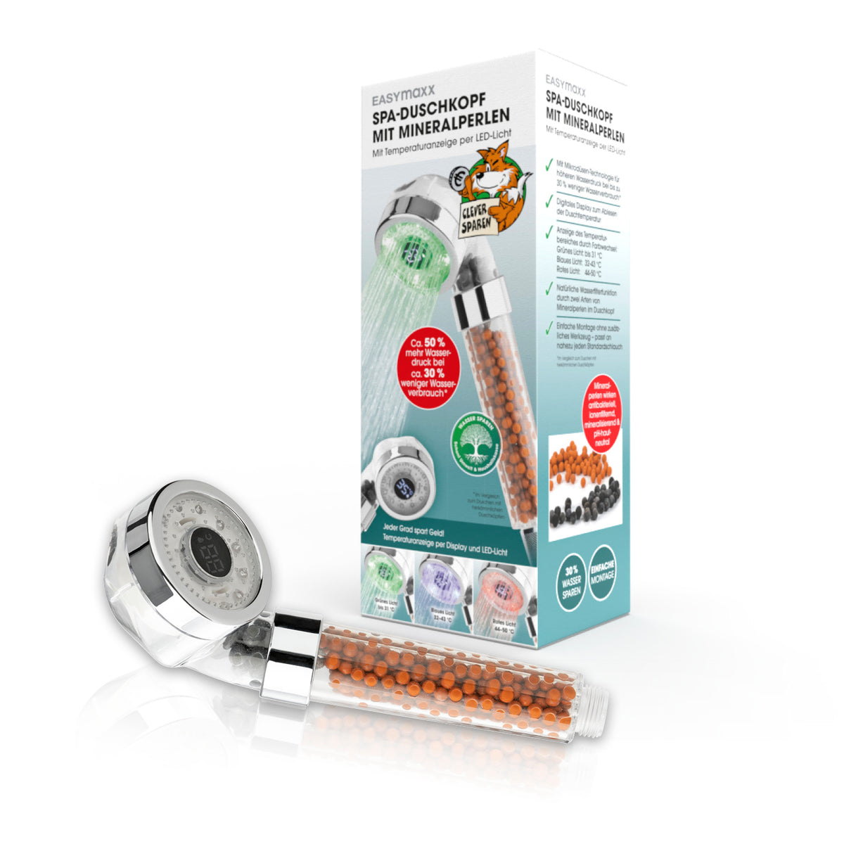 Duschkopf LED-Farbwechsel 6cm mit Mineralkugeln, Spa-Duschkopf mit Temperaturanzeige und Farbwechsellicht bis 50 °C.