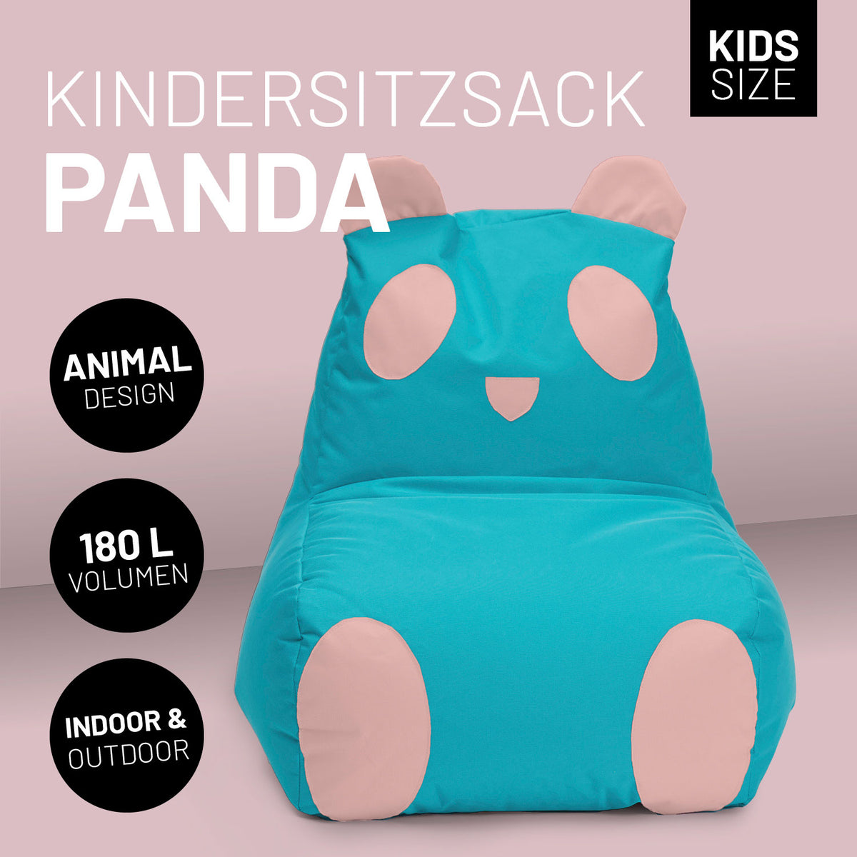 Kindersitzsack Animal Line Panda (180 L) in Türkis/Pastell Pink, kuschelig, wasserabweisend, für indoor & outdoor geeignet.