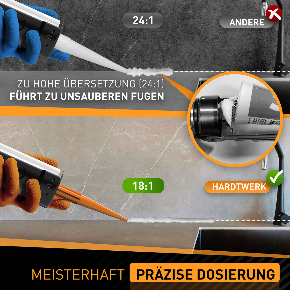 Profi Kartuschenpresse mit Kartuschen-Cutter zeigt präzise Dosierung dank optimaler 18:1 Übersetzung für saubere Fugen und einfaches Handling.