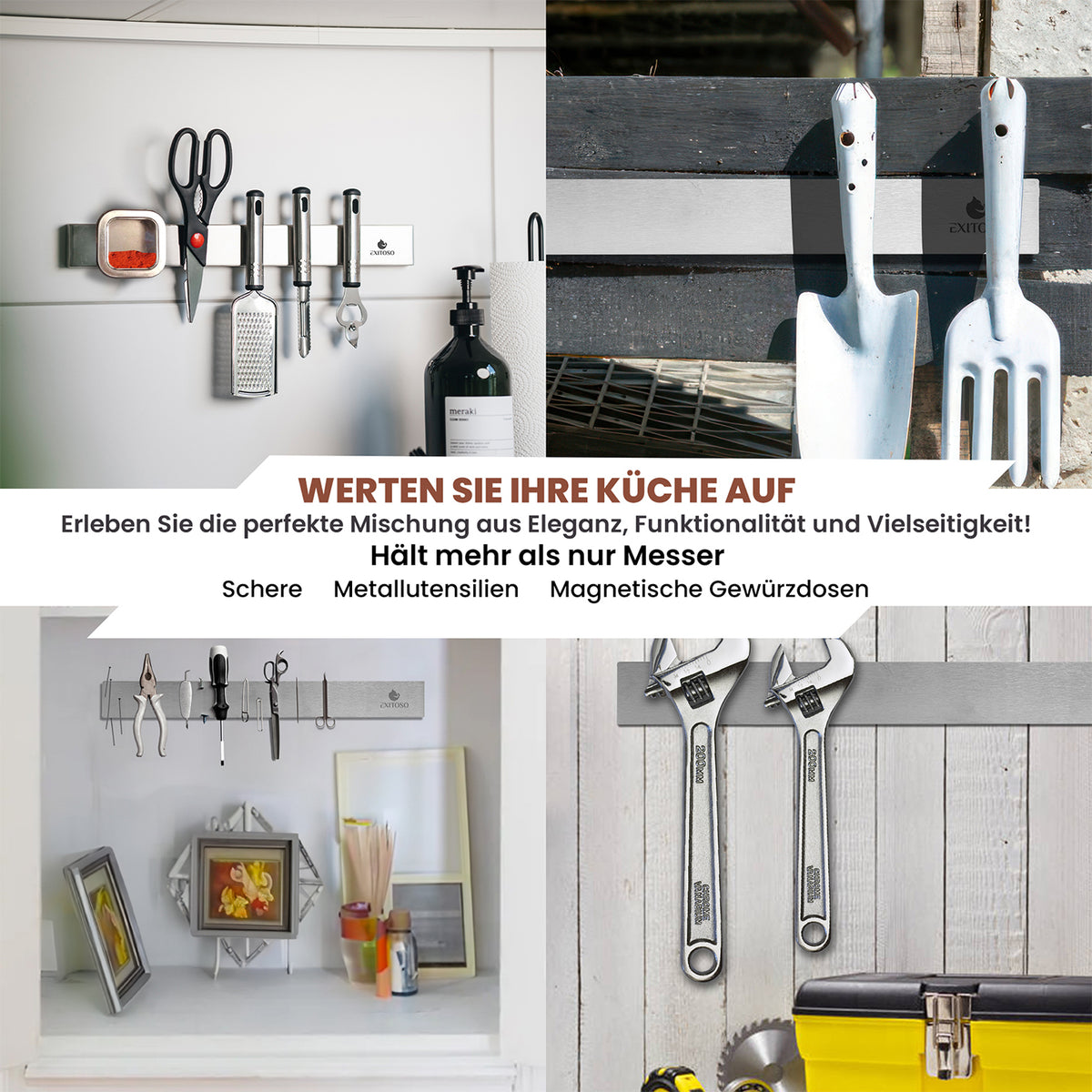 Edelstahl Magnetleiste für Messer - selbstklebend hält Messer, Werkzeuge und Küchenutensilien sicher und bietet vielseitige Anwendungsmöglichkeiten.
