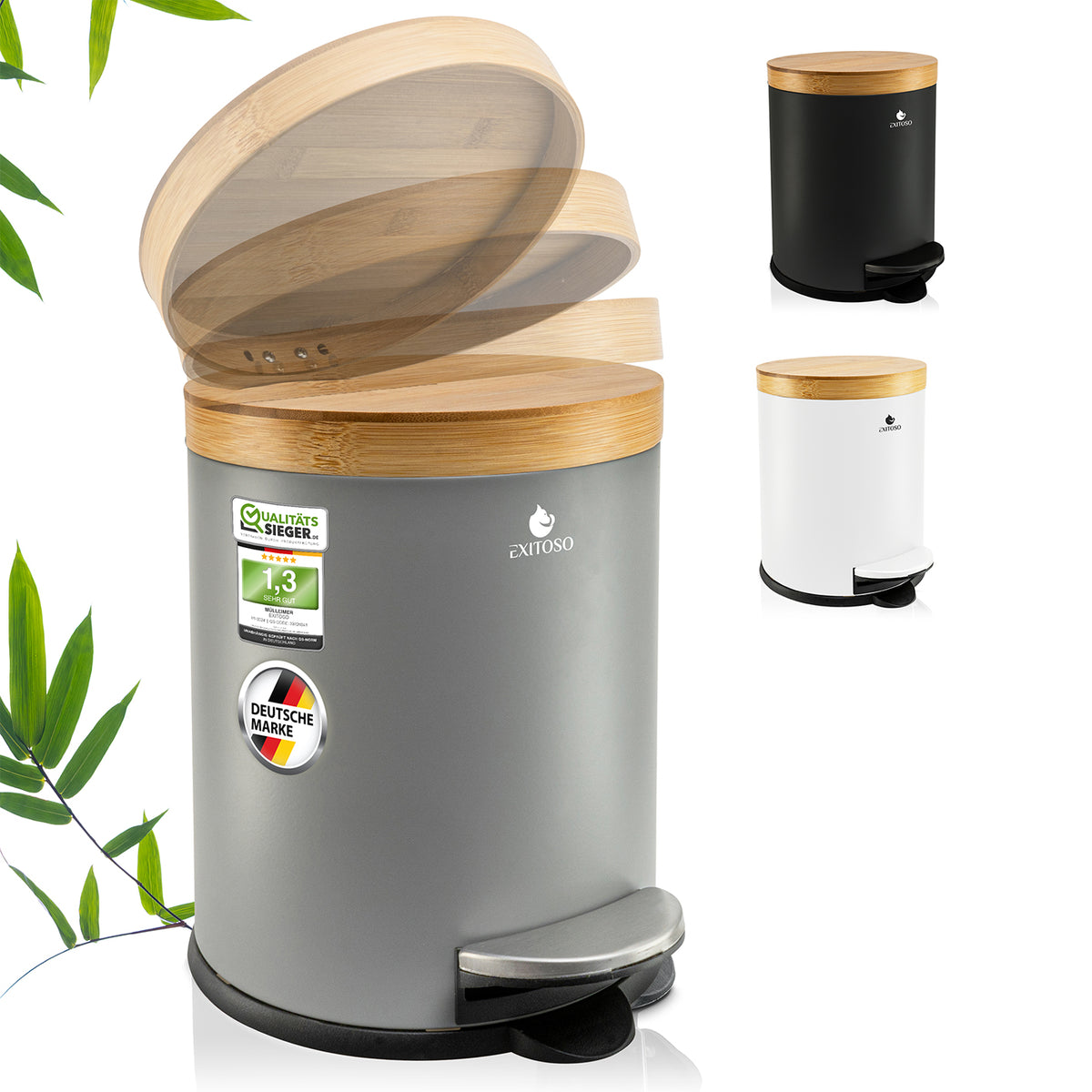 Tretmülleimer mit Softclose-Deckel - 5 l - Grau, rostfrei mit Bambusdeckel und geräuschloser Softclose-Funktion, kompakt und rutschfest.