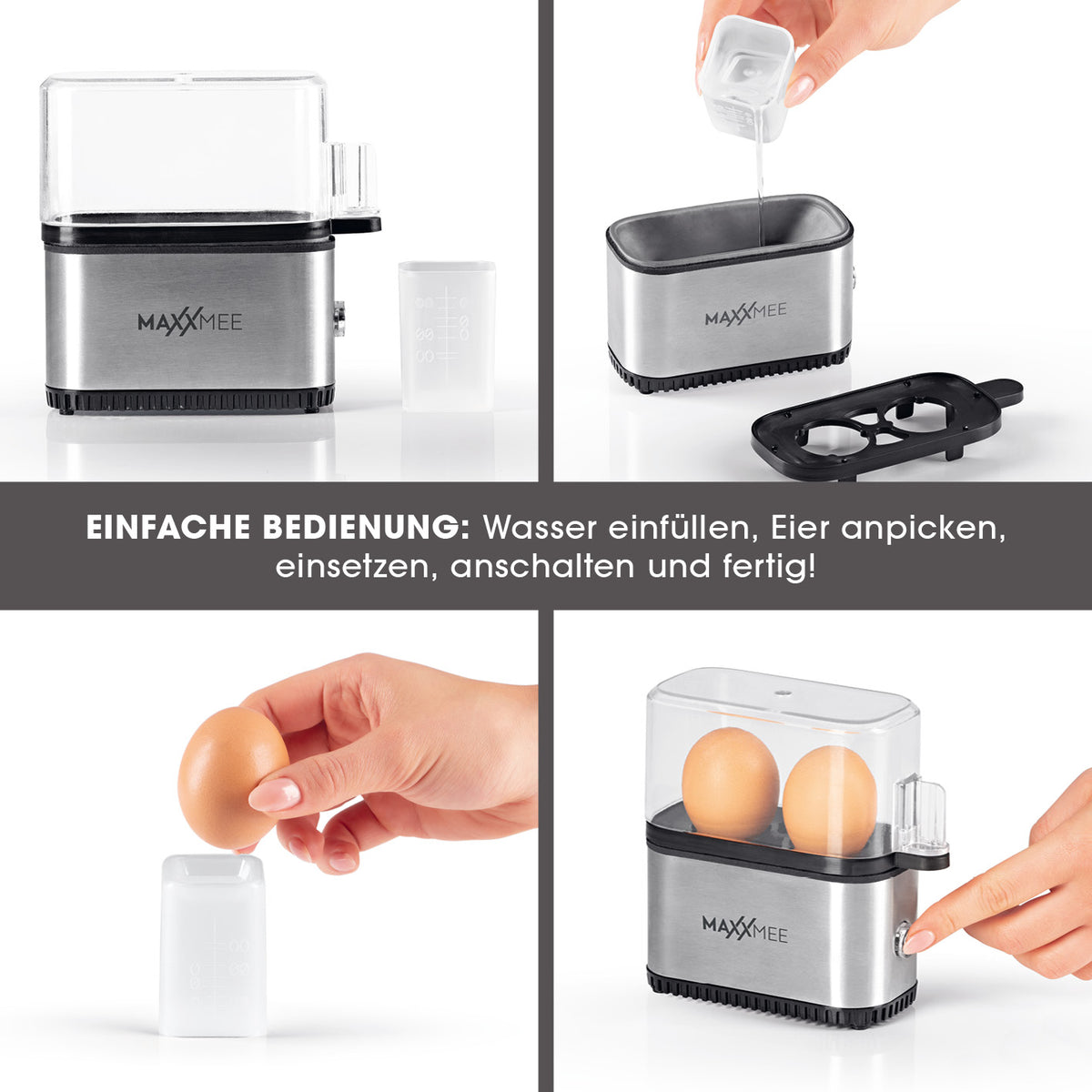 Eierkocher Kompakt 2.0 – kompaktes Design, einfache Bedienung, für bis zu 2 Frühstückseier mit Ei-Pick und BPA-freier Abdeckhaube.