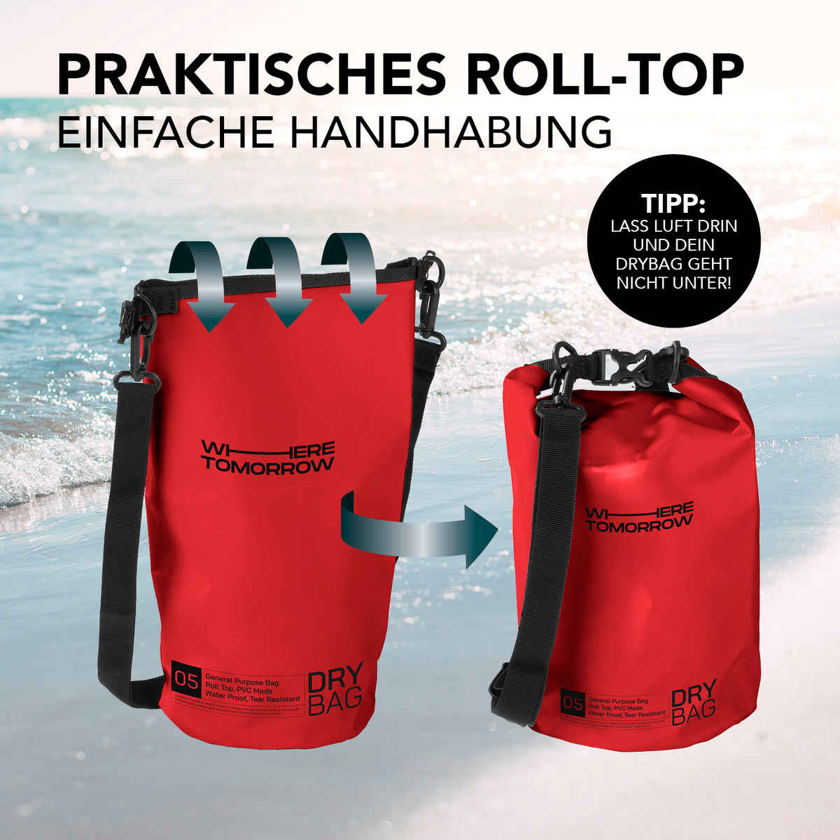 Dry Bag 5L - Style 01 - Rot wasserfester, robuster Outdoor-Rucksack mit praktischem Rolltop-Verschluss und verstellbarem Schultergurt.