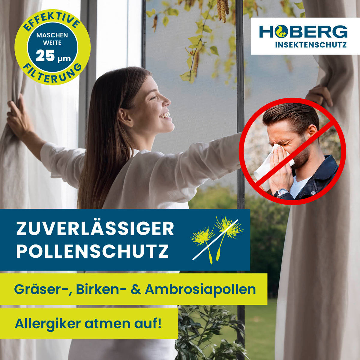 Insekten- & Pollenschutzvorhang – 90 x 210 cm von HOBERG schützt zuverlässig vor Insekten und Pollen für Allergiker mit 25 µm Maschenweite.