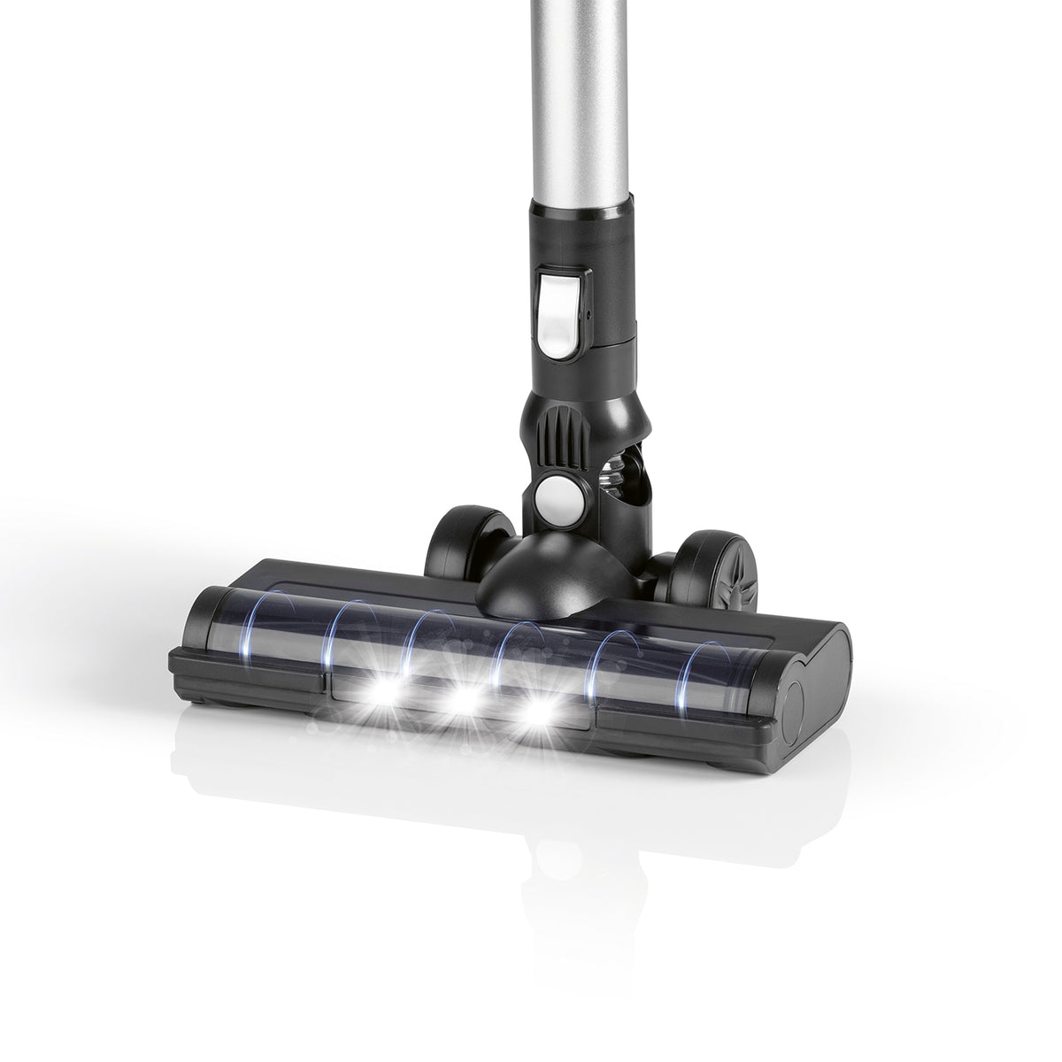 Akku-Zyklon-Staubsauger schwarz/silber mit Bodendüse, LED-Beleuchtung und elektrisch rotierenden Borsten für effiziente Reinigung.