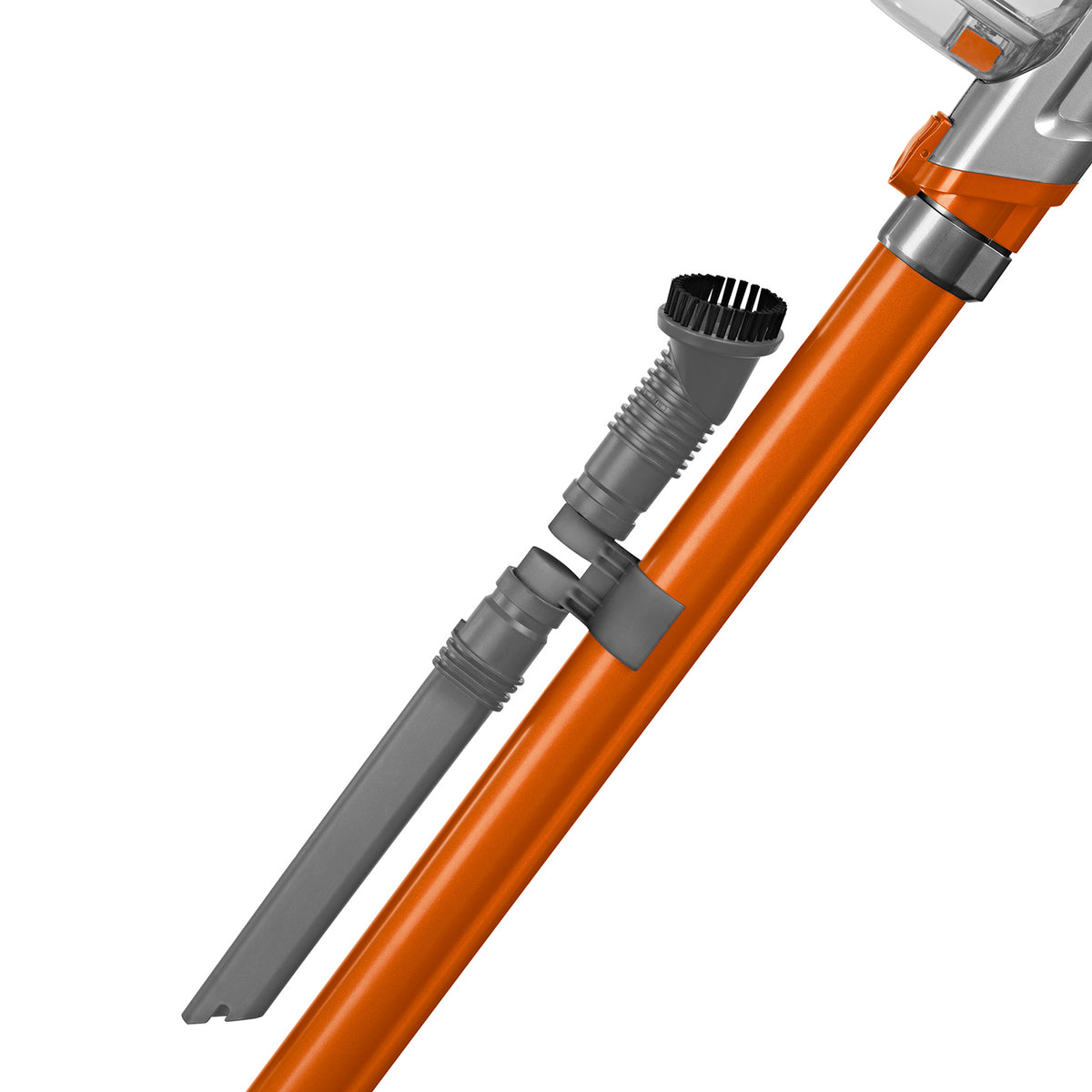 Akku-Zyklon-Staubsauger Pet Star orange/silber mit elektrischem Bürstenaufsatz und Verlängerungsrohr für flexible Reinigung.