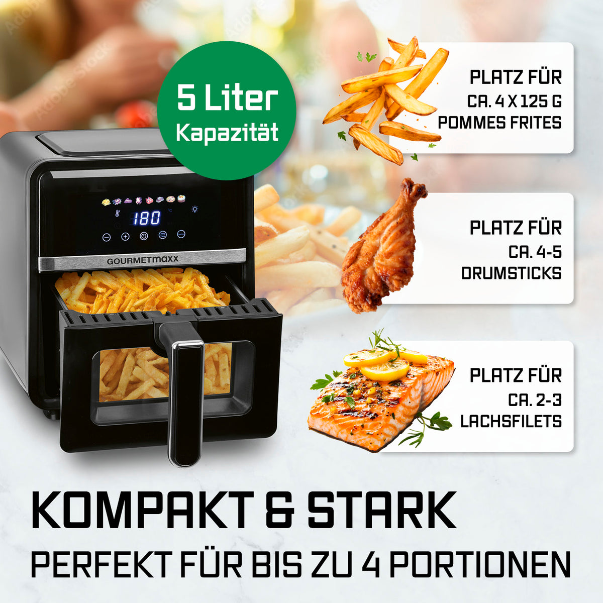 Heißluftfritteuse - 5 Liter mit digitalem Display, 5 Liter Kapazität, ideal für Pommes, Drumsticks und Lachsfilets für bis zu 4 Personen.
