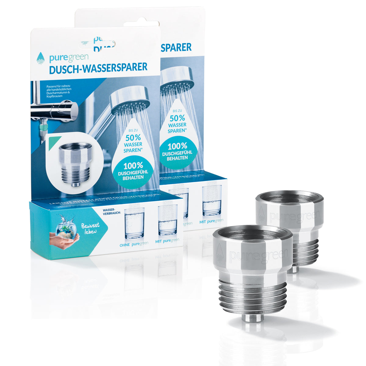 Wassersparer für die Dusche - Spart bis zu 50 % Wasser - chromfarben - 2er-Set mit einfacher Installation und konstantem Wasserstrahl.