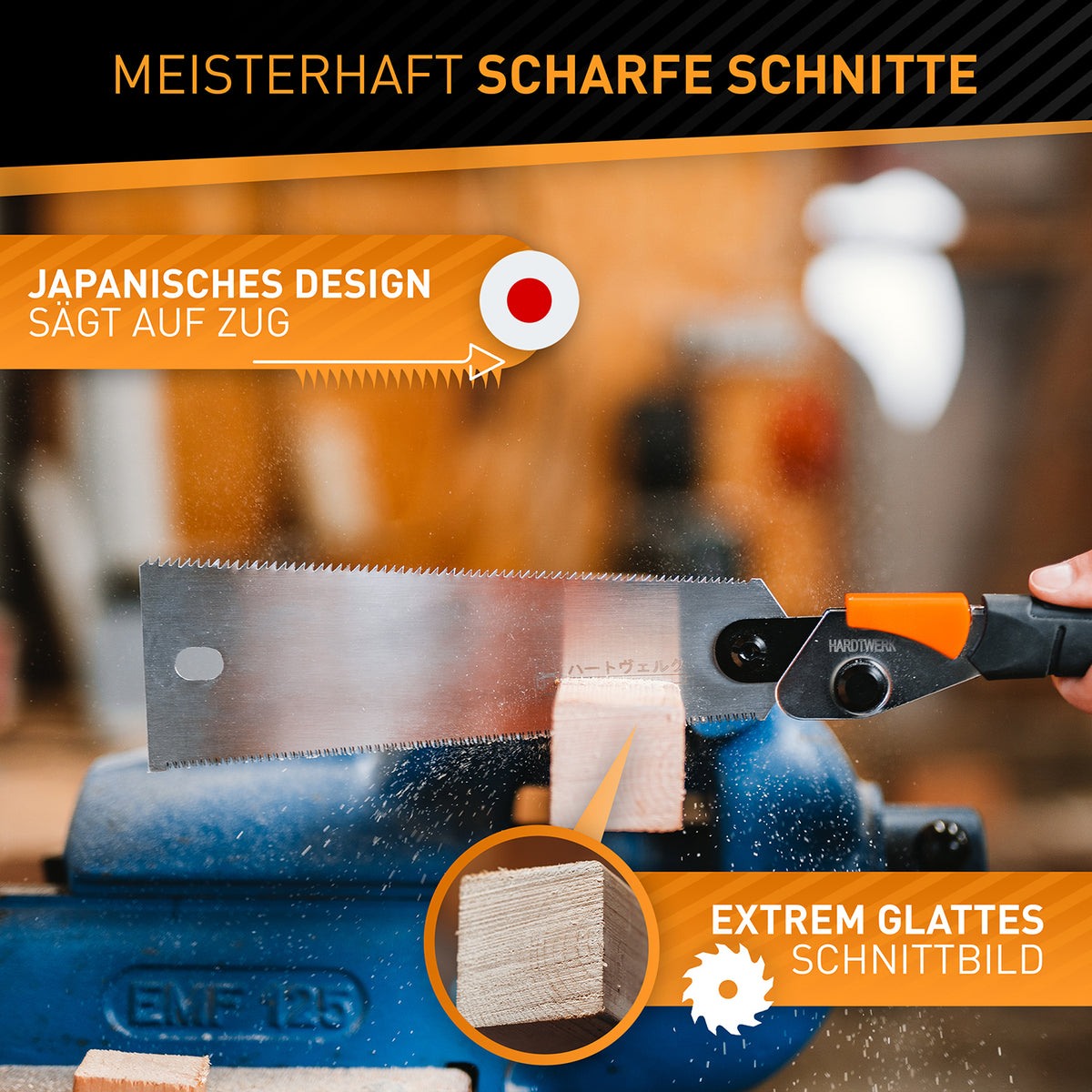 Japansäge aus Karbonstahl - Klappbare Feinsäge mit japanischem Design und extrem glattem Schnittbild für präzises Sägen auf Zug.