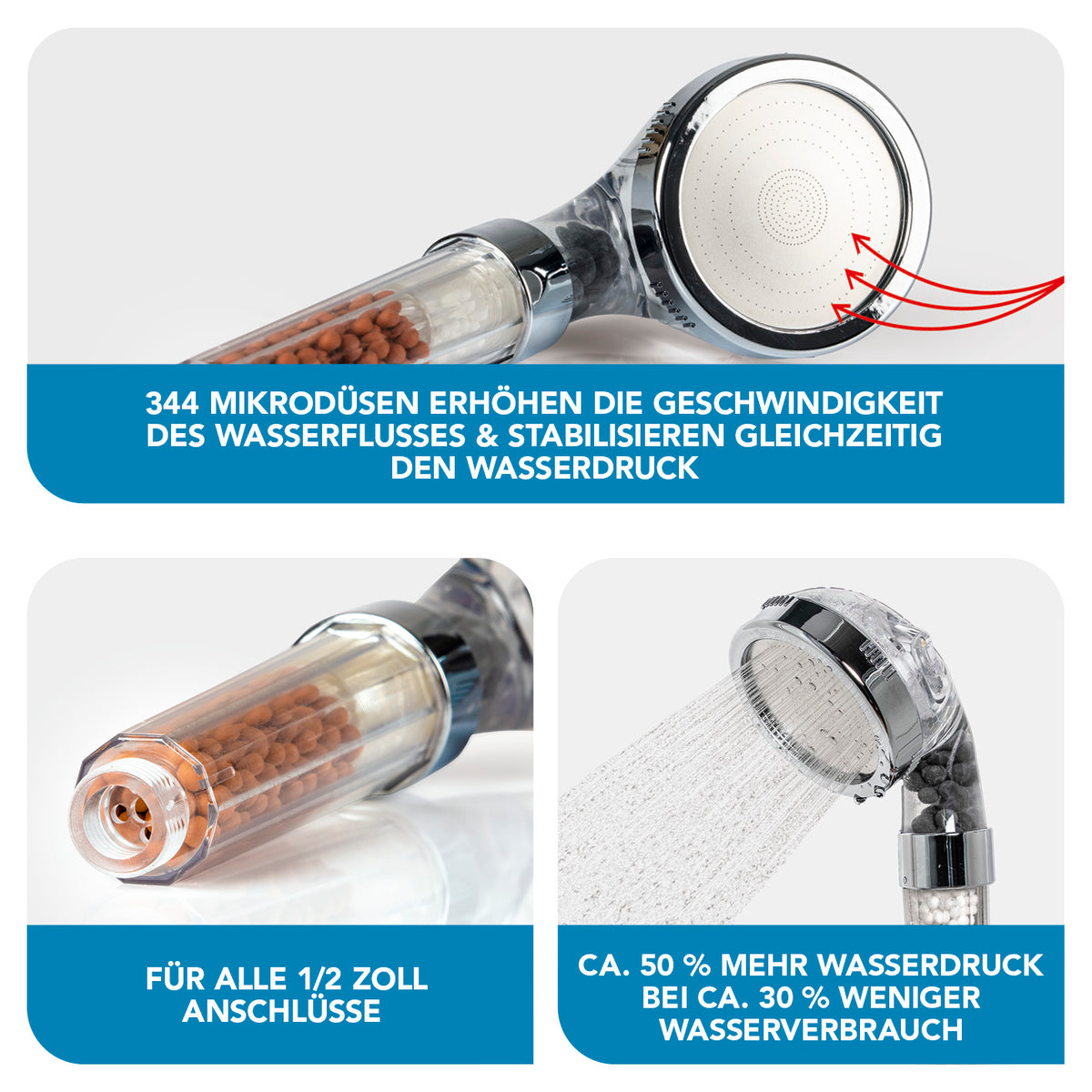 Duschkopf Spa mit 344 Düsen, Mineralperlen und 3 Wasserstrahl-Modi für verbesserten Wasserdruck und geringeren Verbrauch.