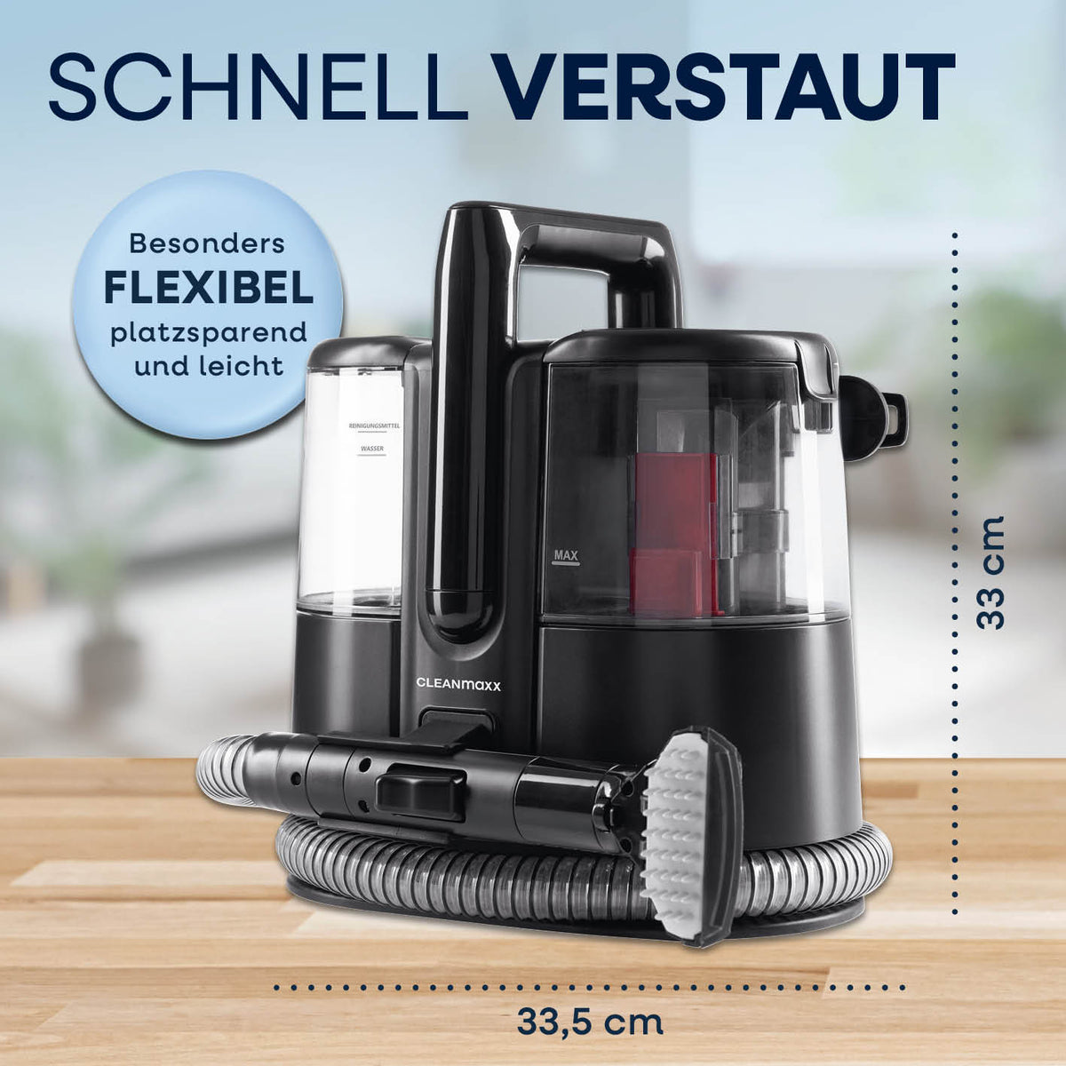 Polster- & Teppichreiniger Pro mit kompaktem Design, 11 kPa Saugleistung und flexiblem 1,2-m-Schlauch für gründliche Reinigung.