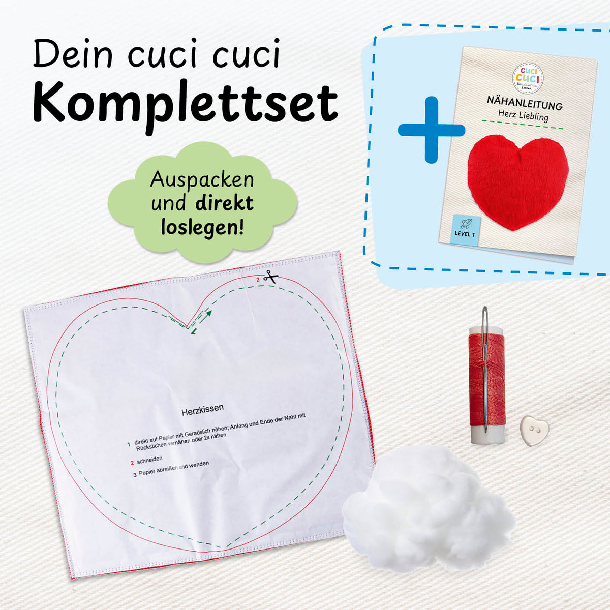 Näh-Baukastenset Motiv Herz Liebling mit Anleitung, Nähvlies, Garn und Füllmaterial für einfache Kinder-Nähprojekte.