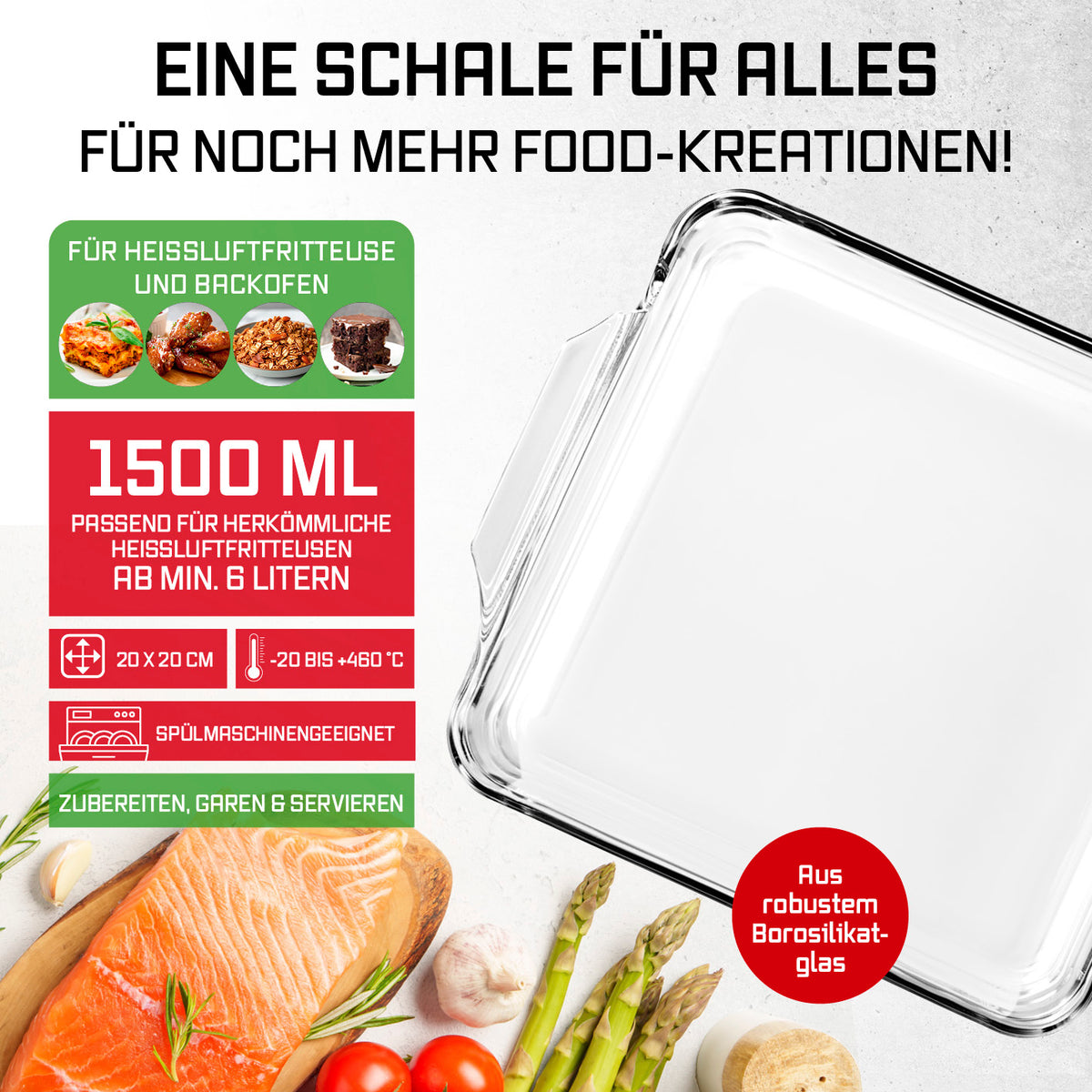 Glas-Auflaufform für Heißluftfritteuse & Backofen - 24 x 20 x 5 cm - 1500 ml aus robustem Borosilikatglas, spülmaschinengeeignet, bis 460 °C.