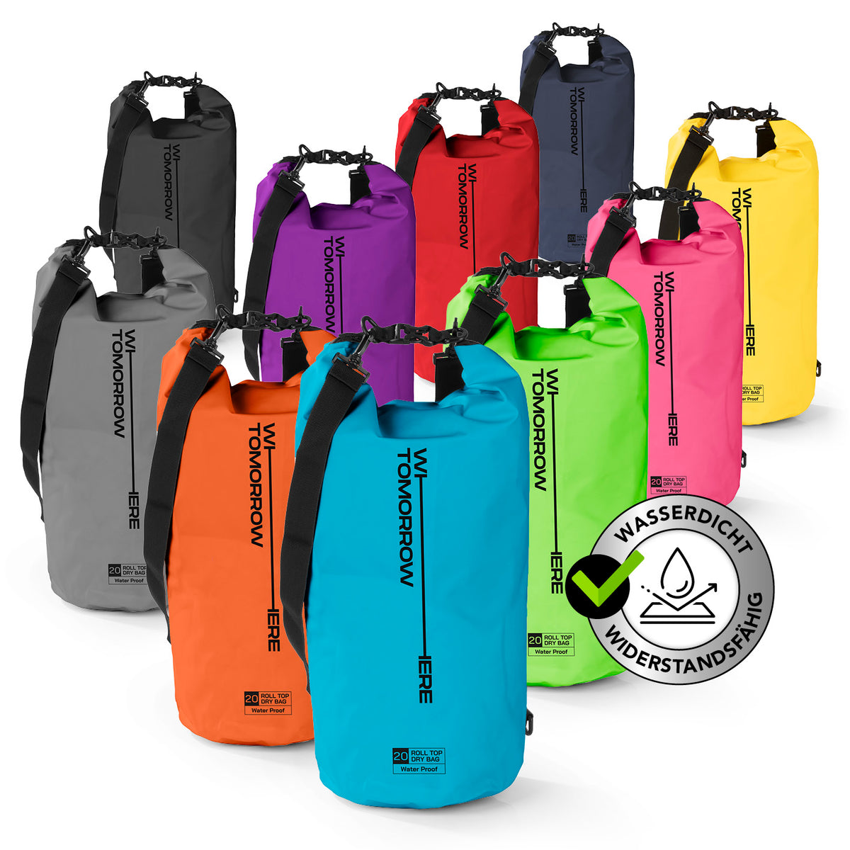 Dry Bag 20L - Style 02 - Himmelblau, wasserdichter, robuster Outdoor-Rucksack mit verstellbarem Schultergurt und Rolltop-Verschluss.