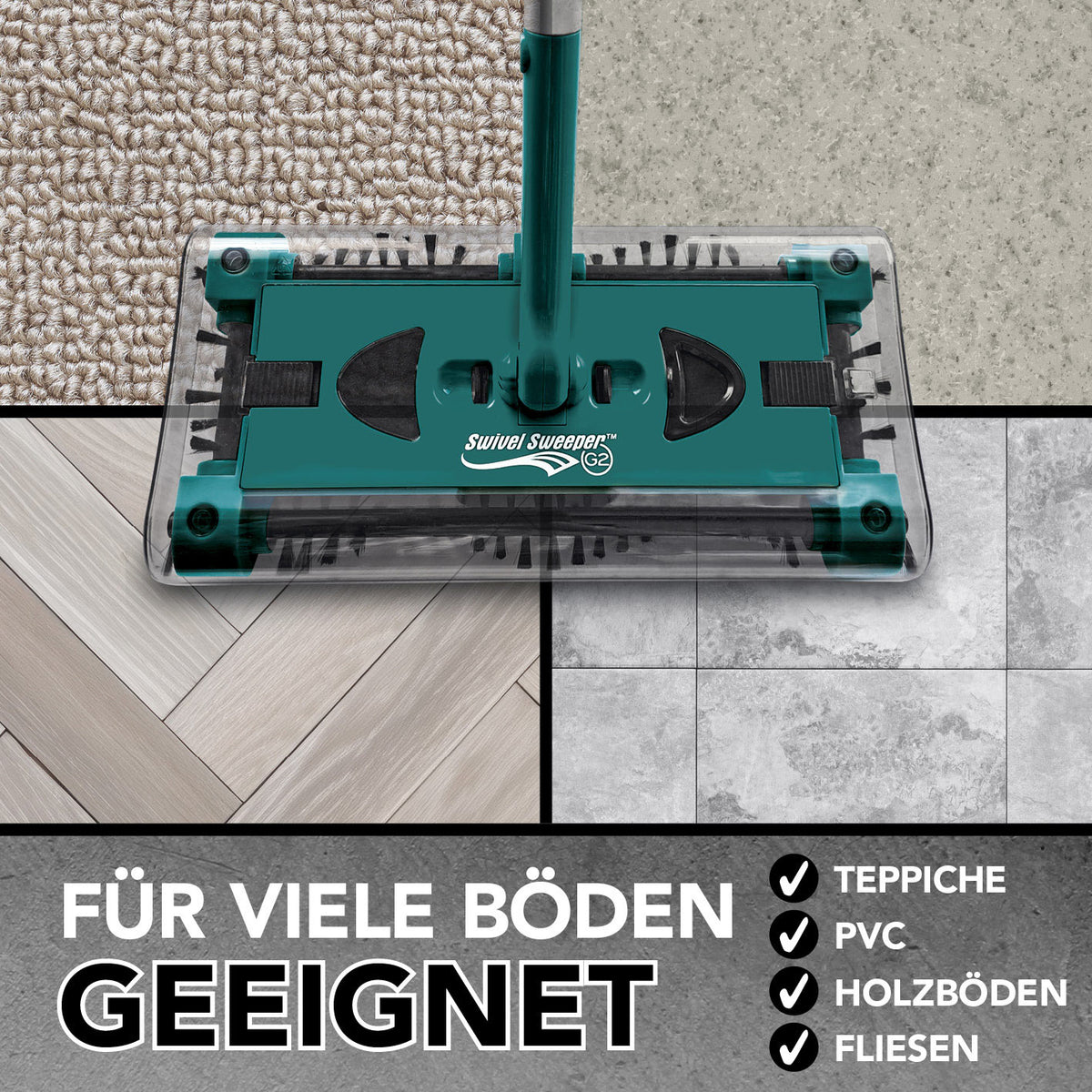 Akku-Besen Swivel Sweeper G2 + Ersatz-Akku kabellos und wiederaufladbar Reinigung auf Teppich, PVC, Holzböden und Fliesen.