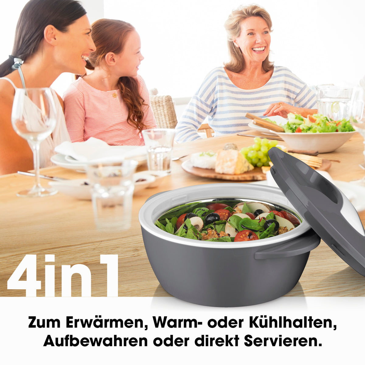 Thermo-Schüssel Mikrowelle - 1400 ml - grau/weiß mit Edelstahleinsatz, doppelwandig, hält Speisen warm oder kalt bis zu 5 Stunden.