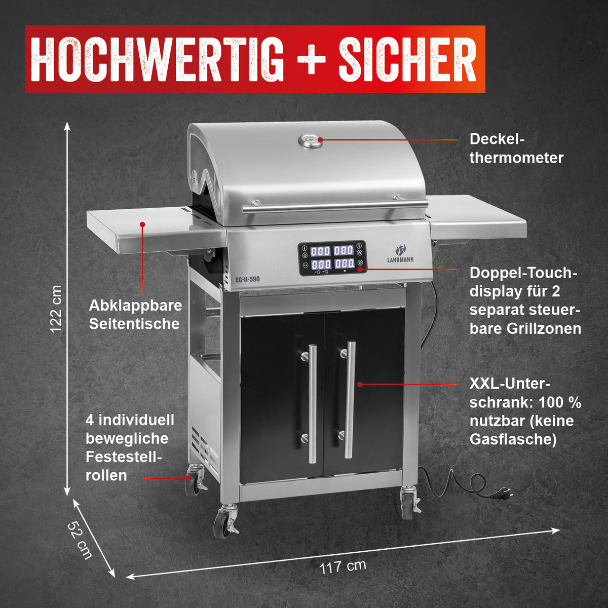 VOLTRIS Elektro-Grillwagen - Edelstahl mit 2 Grillzonen, Touchdisplay, Deckelthermometer und abklappbaren Seitentischen, 6 Personen.