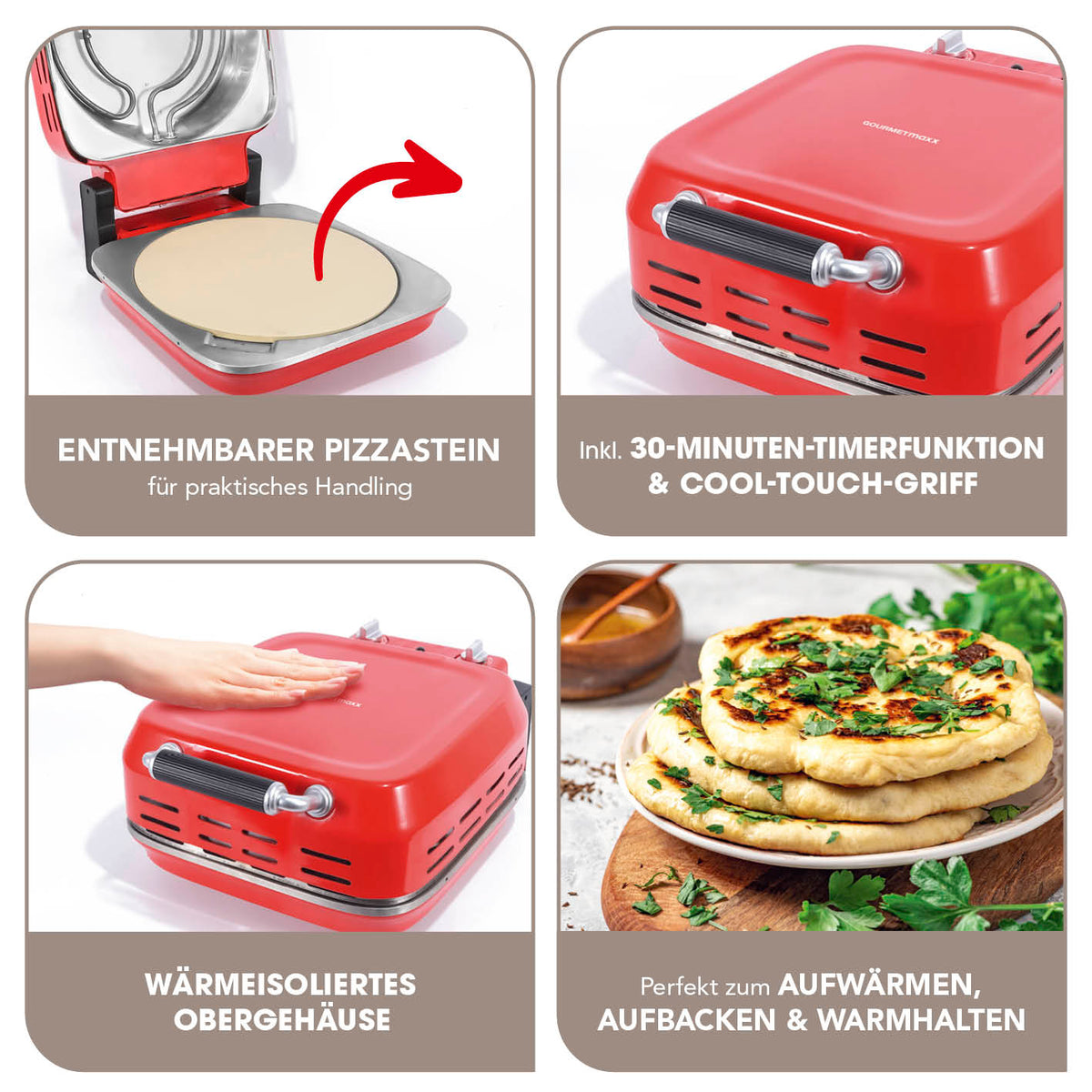 Elektro-Pizzaofen inkl. Pizzastein mit 30-Minuten-Timer, Cool-Touch-Griff, wärmeisoliertem Gehäuse und entnehmbarem Pizzastein.