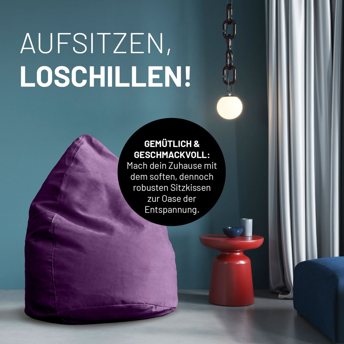 Luxury XL Sitzsack (120 L) - indoor - Lila von Lumaland, stylischer und bequemer Sitzsack für modernes Wohnen und Entspannung.