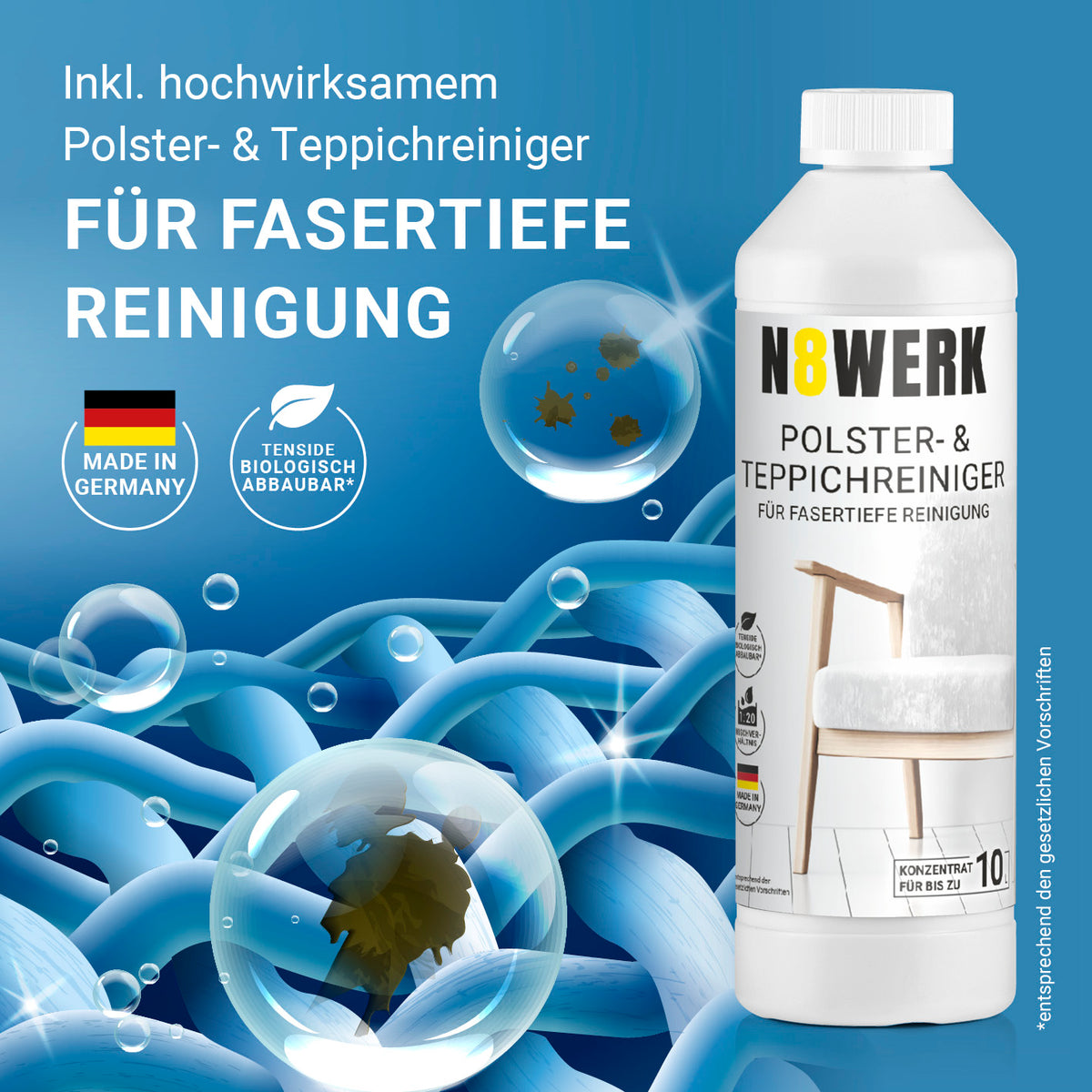 Sprüh- und Waschsauger Deep Clean mit hochwirksamem Reinigungskonzentrat für Polster- und Teppichreinigung, Made in Germany.
