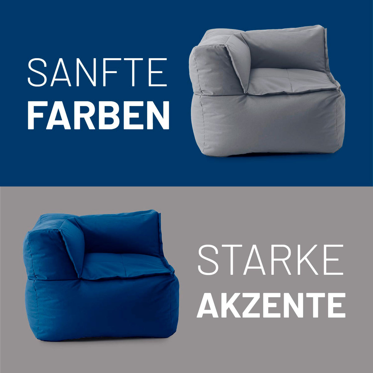 Sitzsack-Sofa Ecke (340 L) in Grau, modulare Verbindung, robust, pflegeleicht, indoor & outdoor, mit verdeckten Reißverschlüssen.