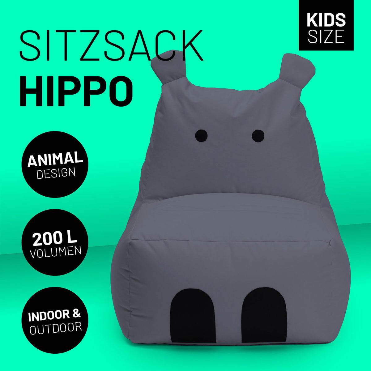 Kindersitzsack Animal Line Hippo (200 L) in Stahlgrau, weich, wasserabweisend für indoor & outdoor, kindgerecht und robust.
