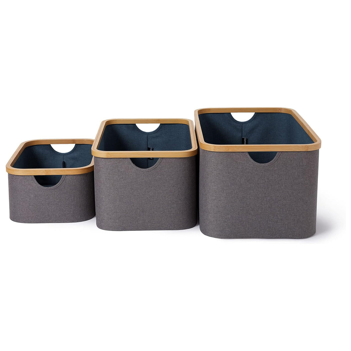 Aufbewahrungsboxen mit Bambus-Rahmen - 3er-Set in Grau-Blau, rechteckig, stapelbar, verschiedene Größen von LUMALAND.