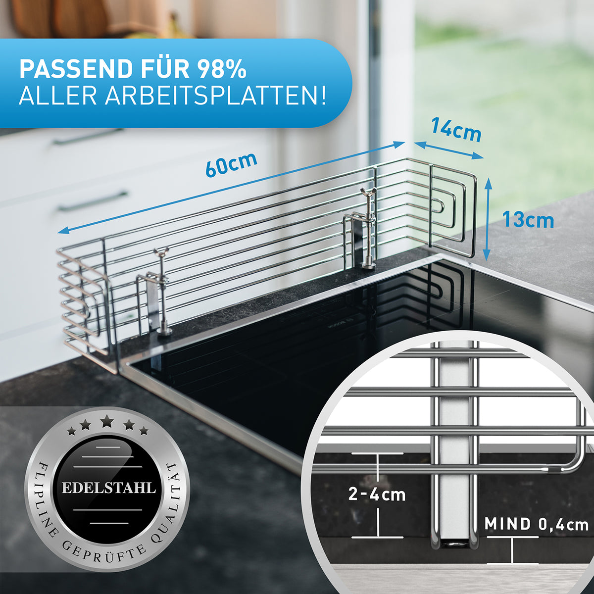 Herdschutzgitter Happy Kid aus Edelstahl, passgenau für Arbeitsplatten 2–4 cm, schützt Kinder vor Herdberührung sicher und stabil.