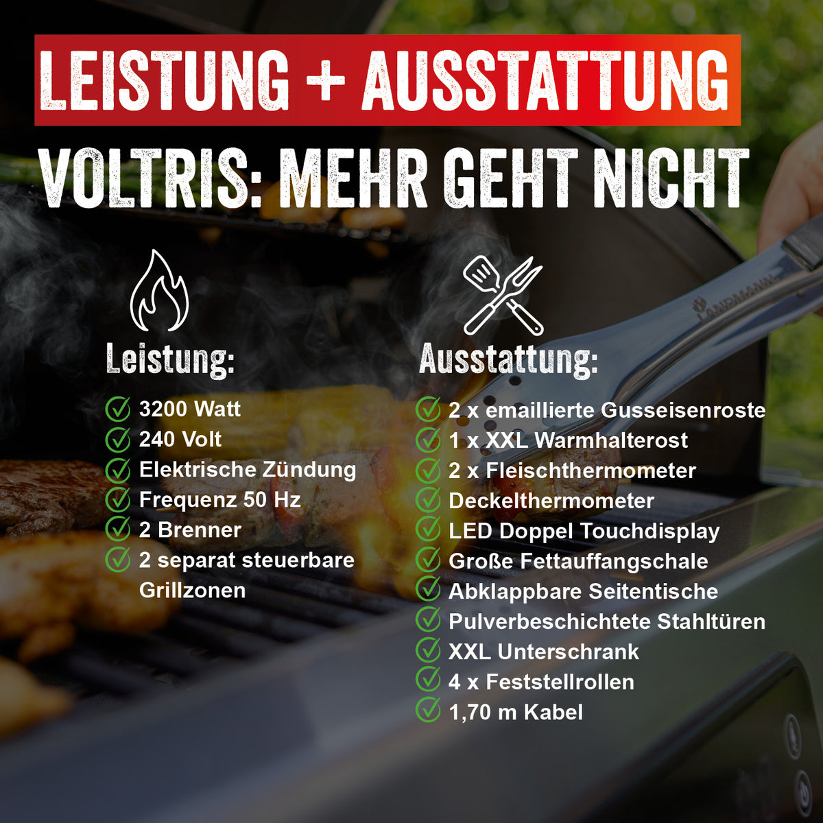 VOLTRIS Elektro-Grillwagen - Edelstahl mit 2 Grillzonen, Gusseisenrosten, Fleischthermometern und Touchdisplay, bis 300 °C, ohne Gas oder Kohle.