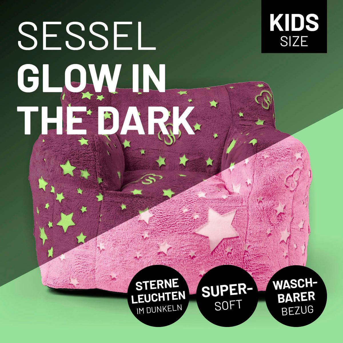 Sessel „Glow in the Dark“ - Pink mit leuchtendem Sternen-Design, superweich, waschbarer Bezug, perfekt für Kinderzimmer.
