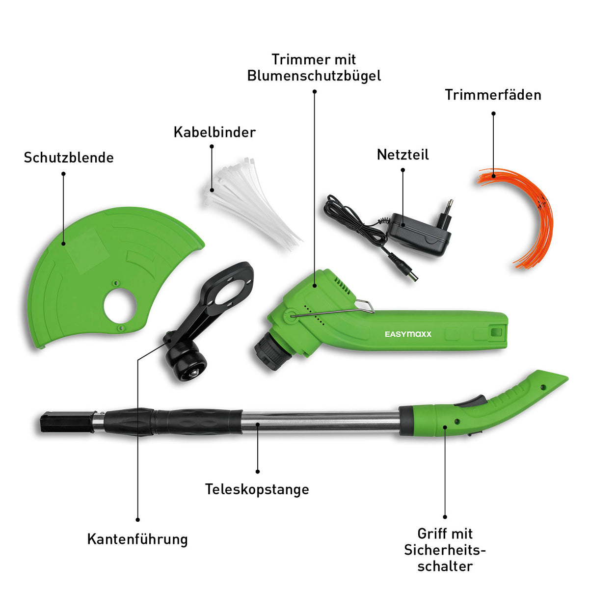 Akku-Rasentrimmer mit Kabelbindern, Trimmfäden, Teleskopstange und Schutzblende für einfachen, akkubetriebenen Rasenschnitt.