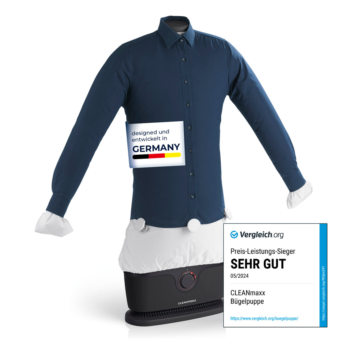Hemdenbügler PRO - Schwarz mit Hemd, Gewichts-Clips und Timer für schnelles, faltenfreies Trocknen und Bügeln in 10 Minuten.