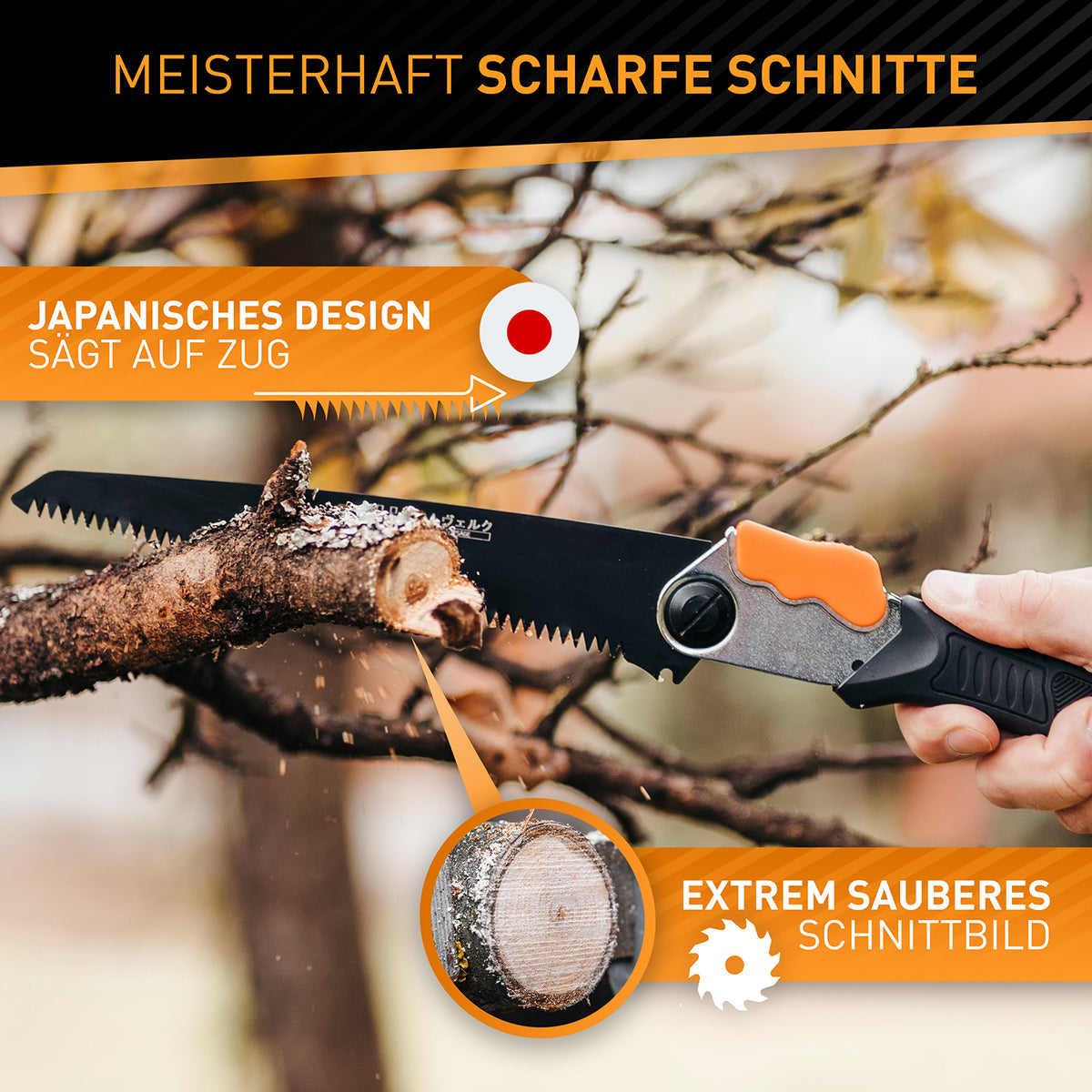 Klappbare Handsäge aus Karbonstahl - 21 cm mit japanischem Design für saubere, scharfe Schnitte und effizientes Sägen im Garten.