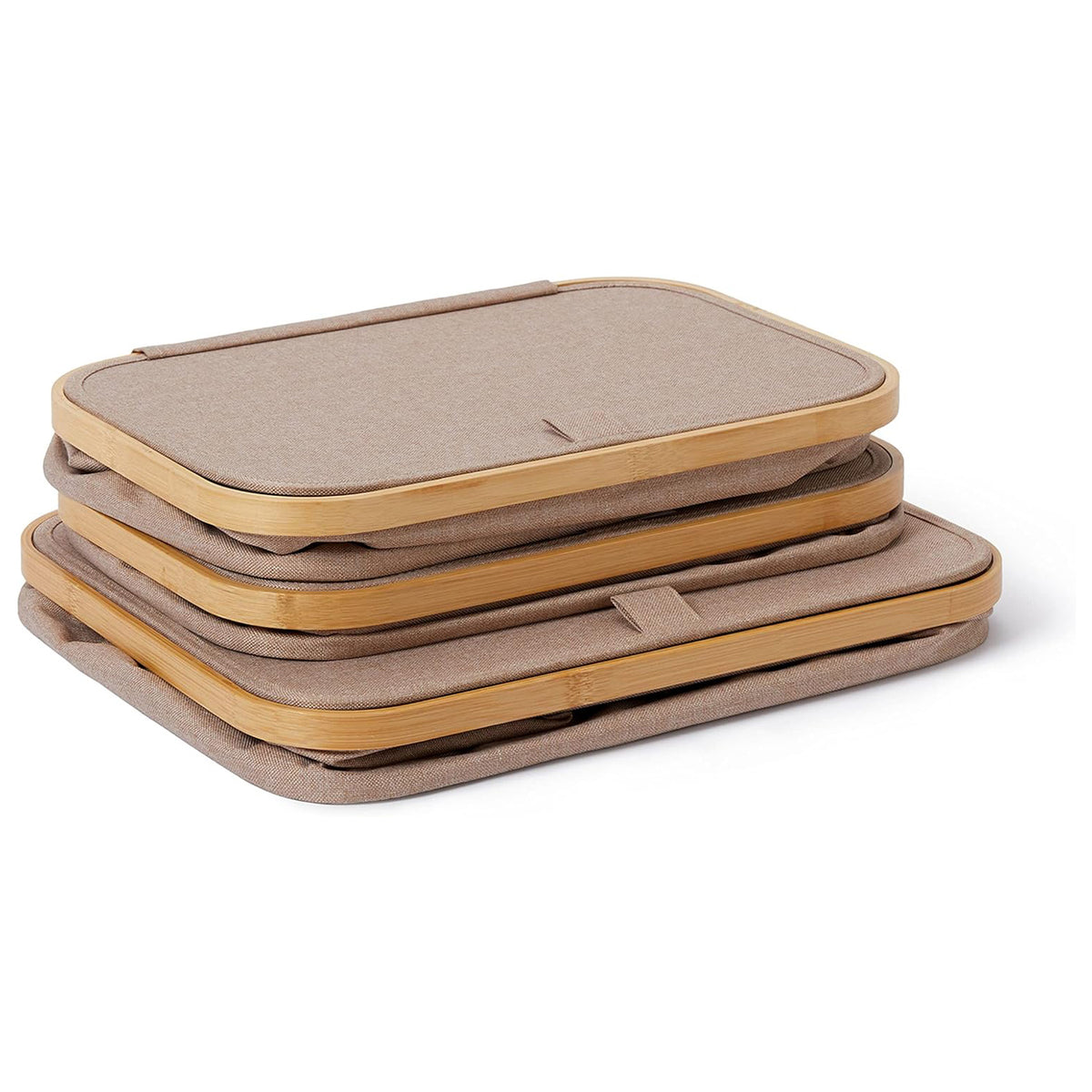 Aufbewahrungsbox mit Bambus-Rahmen - 3er-Set in Taupe, faltbar, mit Deckel, praktische Größen für ordentliche Aufbewahrung.