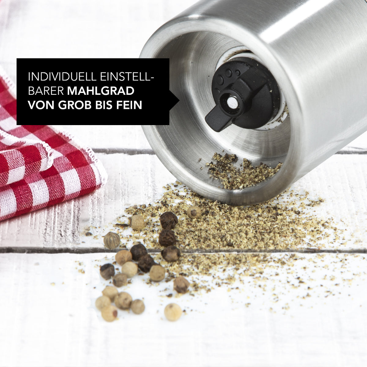 Gewürzmühle - Für 2 Gewürze gleichzeitig - silber mit einstellbarem Keramikmahlwerk von grob bis fein, ideal für Pfeffer und Salz.