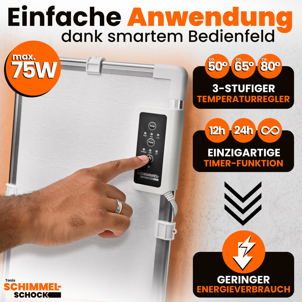 Anti-Schimmelheizung mit 3-stufigem Temperaturregler, Timer-Funktion und geringem Energieverbrauch von Tonis SCHIMMELSCHOCK.