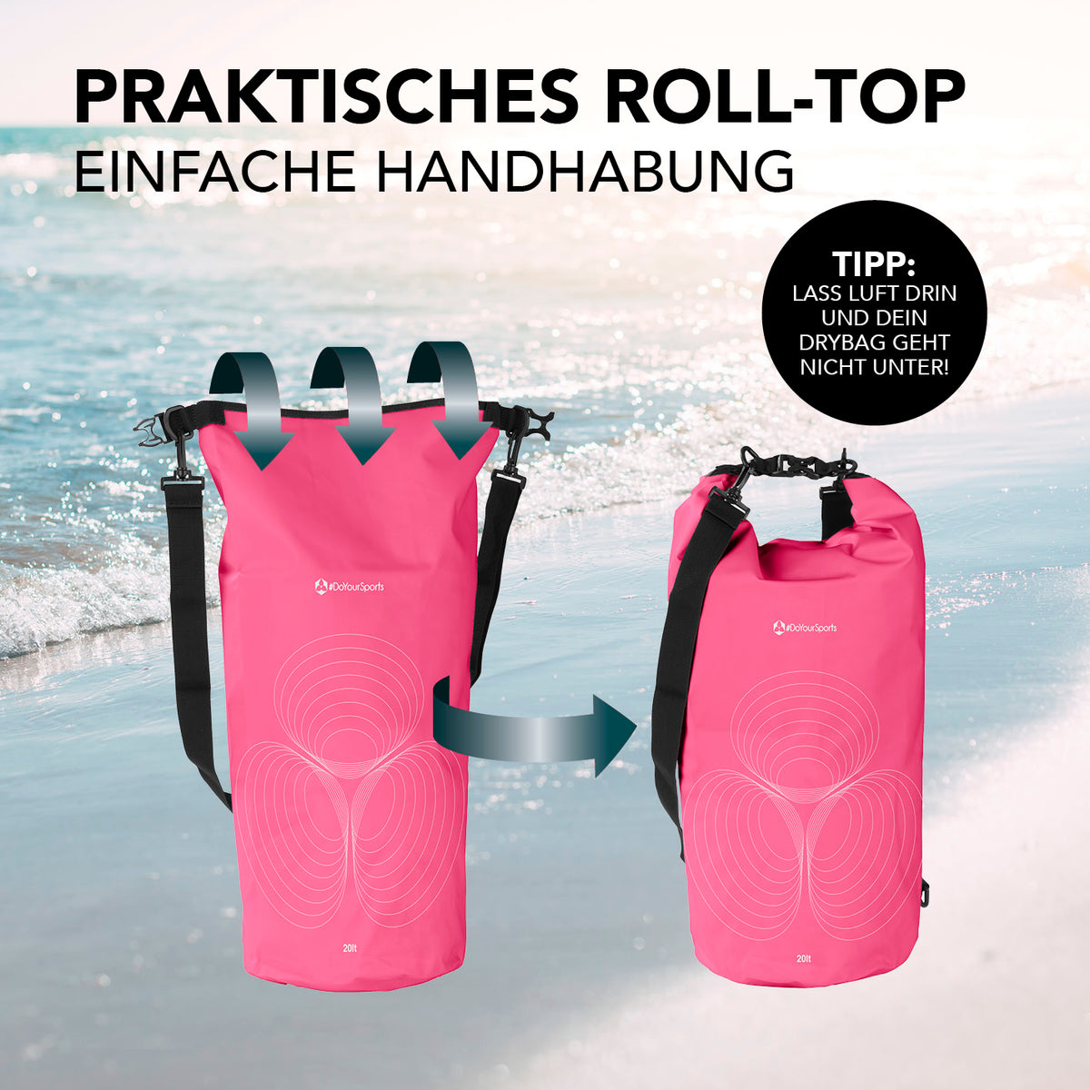Dry Bag 20L - Pink mit wasserdichtem Rolltop-Verschluss und verstellbarem Schultergurt für sicheren Outdoor-Schutz.