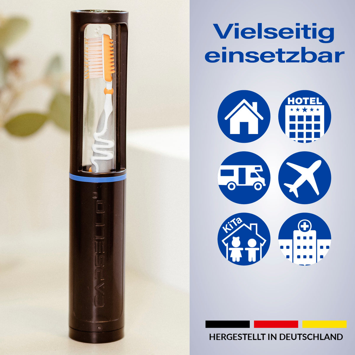 Capsello Zahnbürstenbox schwarz, vielseitige 5-in-1 Box, schützt Zahnbürste hygienisch und eignet sich für Reise und Zuhause.