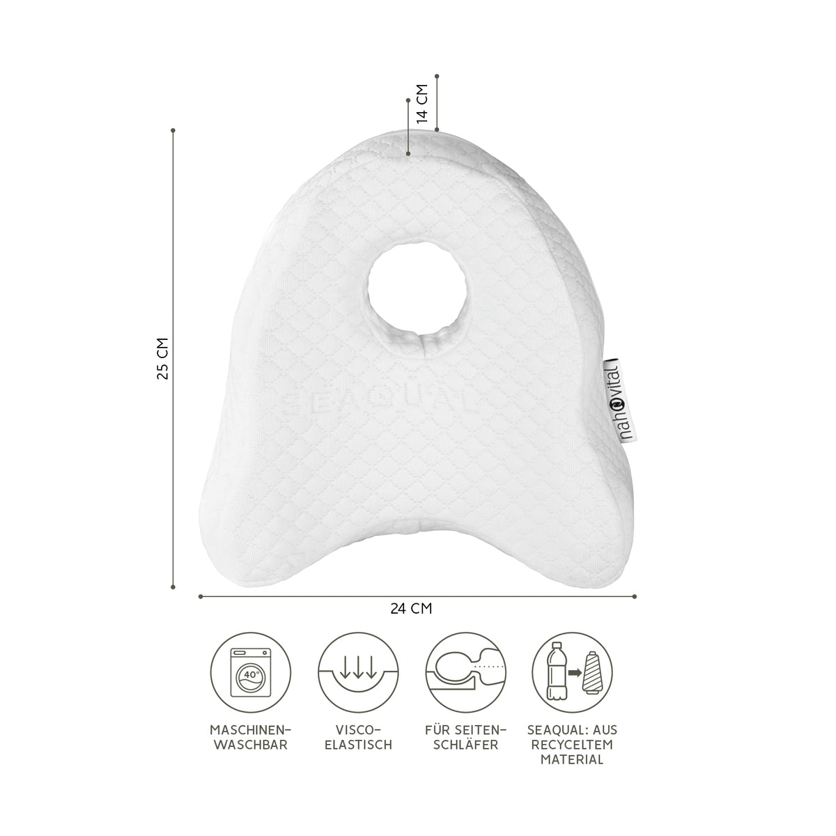 Kniekissen Memory-Schaum - SEAQUAL-Bezug - weiß, viscoelastisch, formbeständig, recyceltes Material, optimal für Seitenschläfer, maschinenwaschbar.