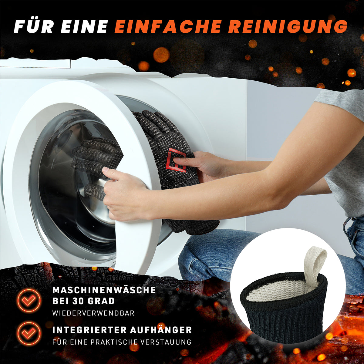 Grillhandschuhe - Größe L werden bei 30 Grad gewaschen, mit integriertem Aufhänger für praktische Aufbewahrung.
