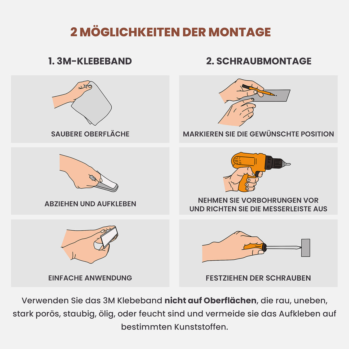 Edelstahl Magnetleiste für Messer - selbstklebend mit 3M-Klebeband oder Schrauben montierbar, einfache und stabile Befestigung.