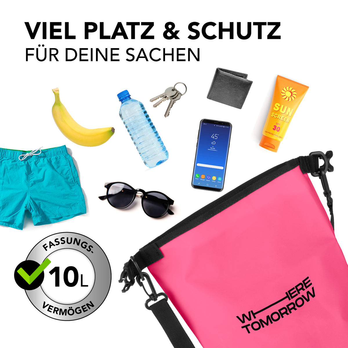 Dry Bag 10L - Style 01 - Pink, robuster, wasserdichter Outdoor-Rucksack mit 10L Fassungsvermögen und verstellbarem Schultergurt.