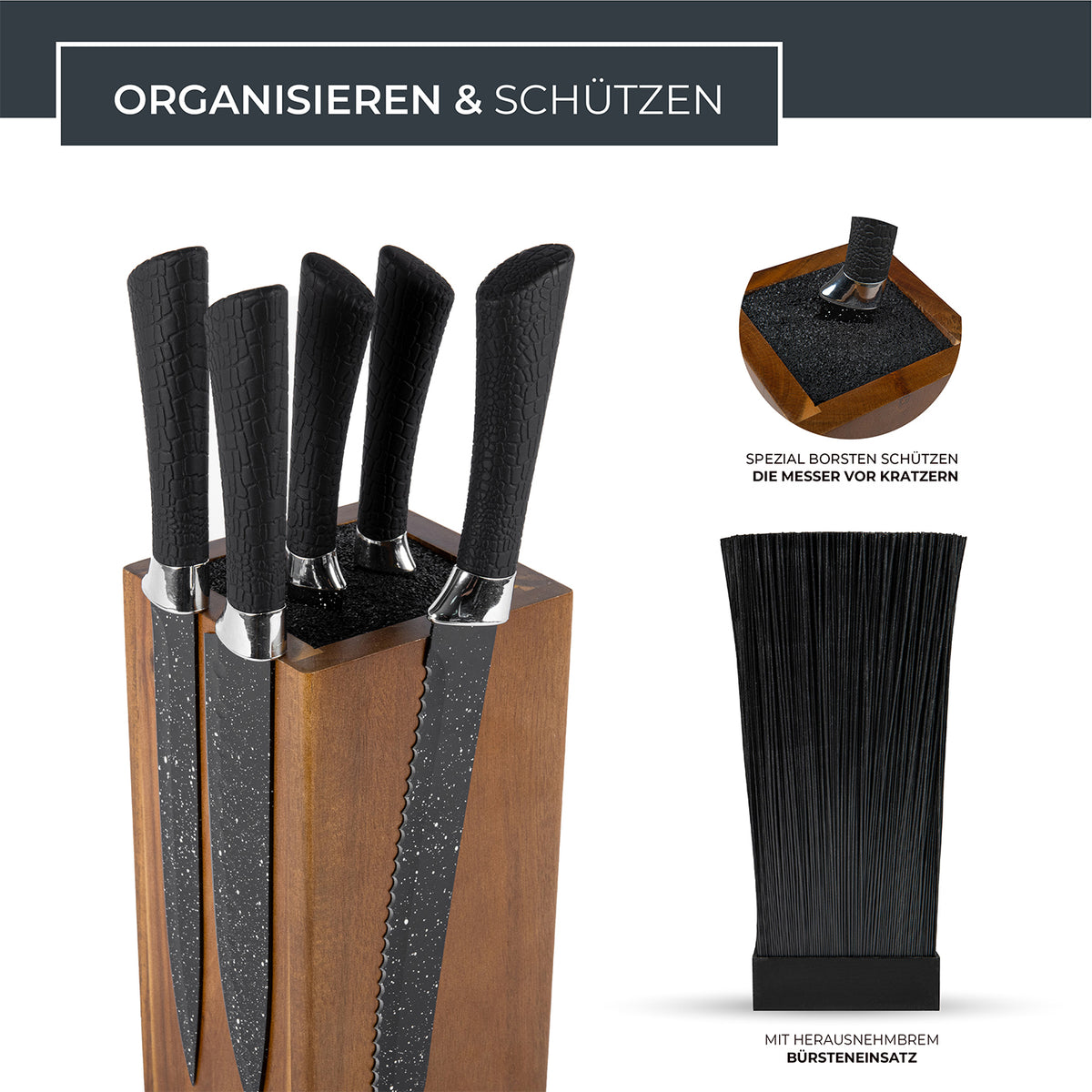 360°-Messerblock - Akazie - für max. 20 Messer mit Borsteneinsatz und magnetischer Außenseite aus robustem Akazienholz.