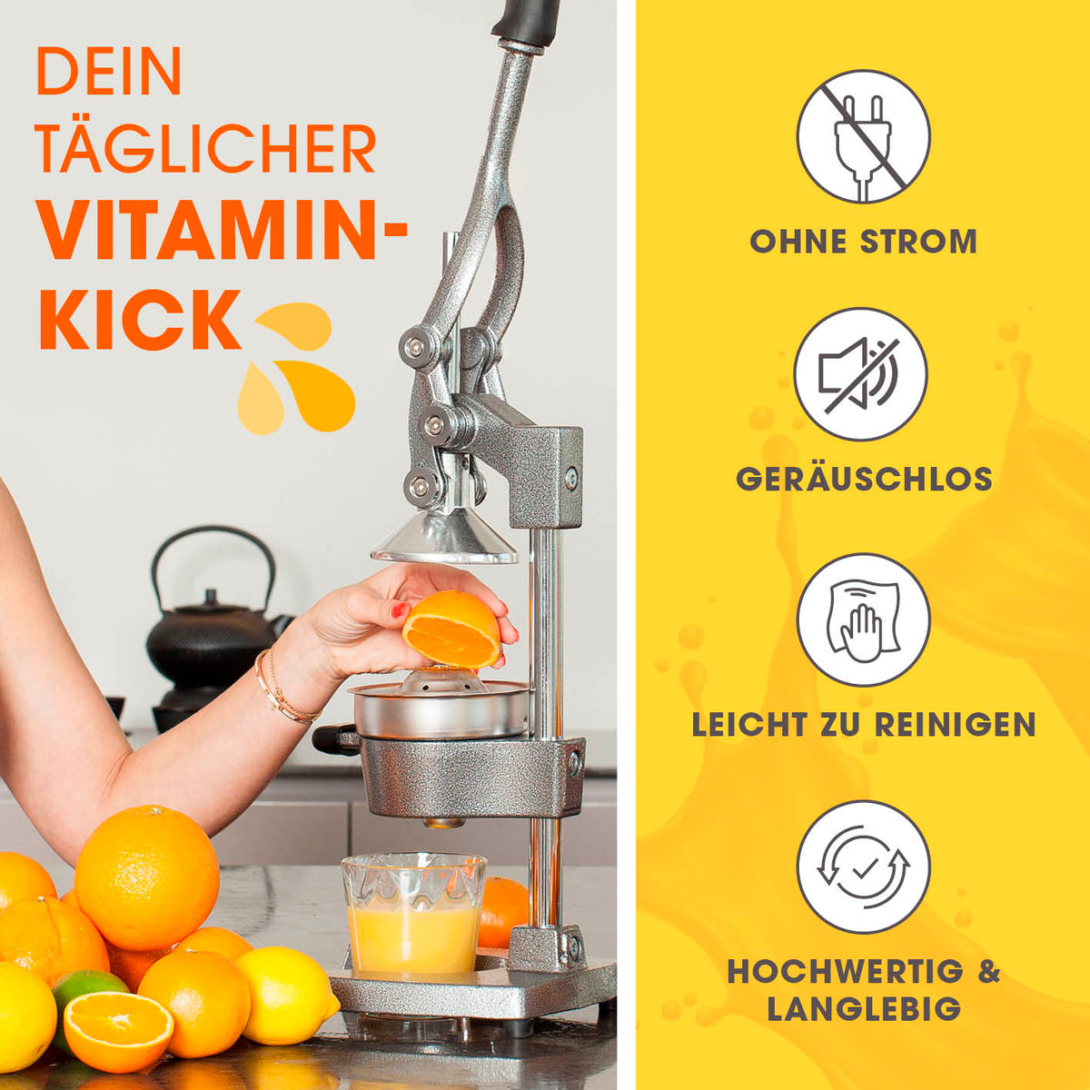 Manuelle Saftpresse + Orangenständer - Silber mit Hebelwirkung, geräuschlos, leicht zu reinigen, für frischen Orangensaft direkt ins Glas.