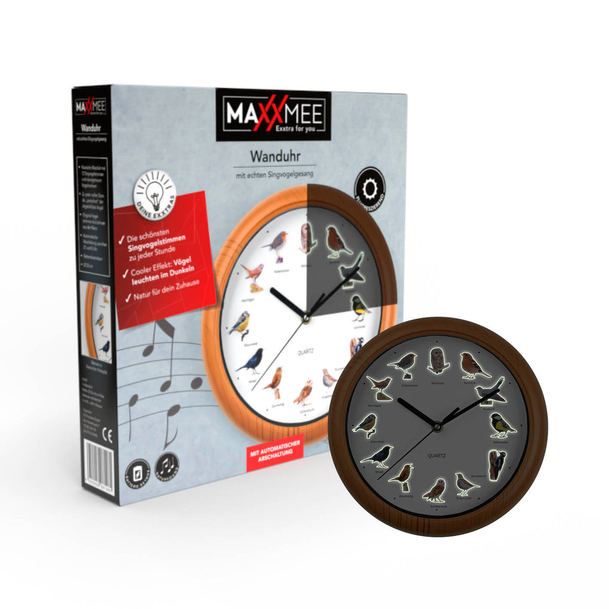 Wanduhr mit Vogelstimmen - 25cm mit Singvogelmotiven, naturgetreuen Lauten und fluoreszierenden Vögeln für Nachtbetrieb.