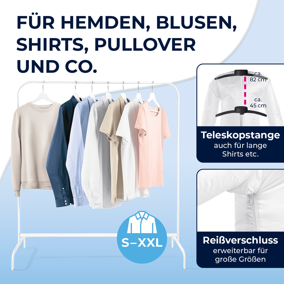 Hemdenbügler PRO - Schwarz mit Teleskopstange und Reißverschluss für faltenfreies Trocknen von Hemden, Blusen und Shirts bis XXL.